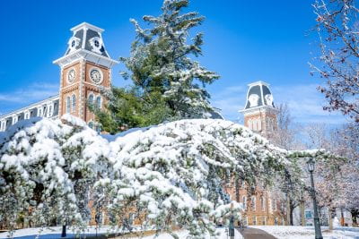 Snow on trees in front of Old Main