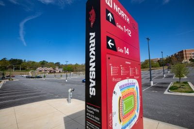 A sign in the parking lot of Donald W. Reynolds stadium